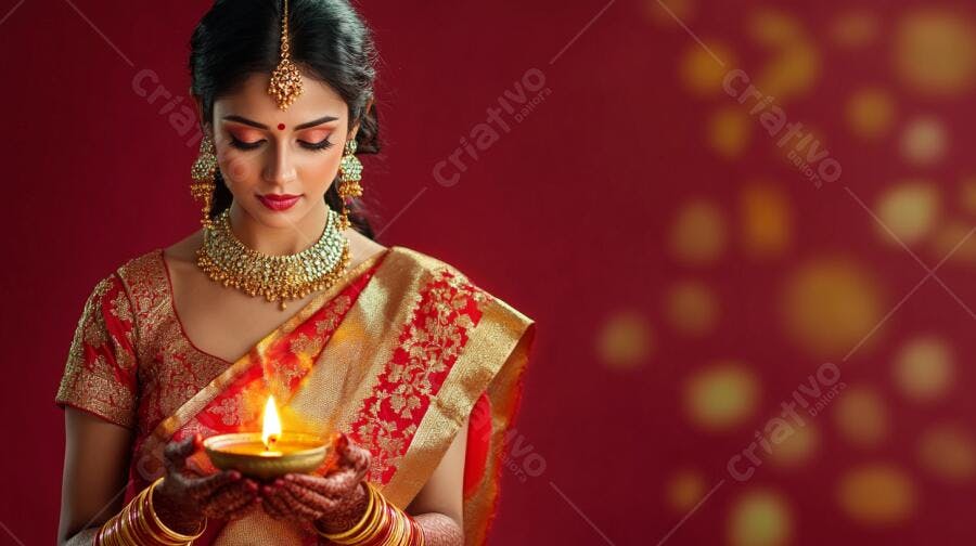 Mulher indiana elegante em sari vermelho e dourado segurando diya acesa