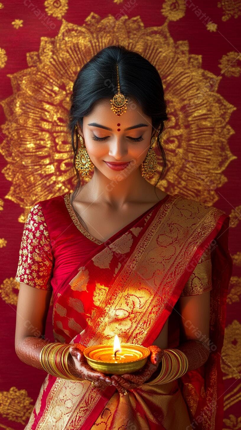 Mulher indiana serena em sari vermelho dourado com diya acesa para Diwali