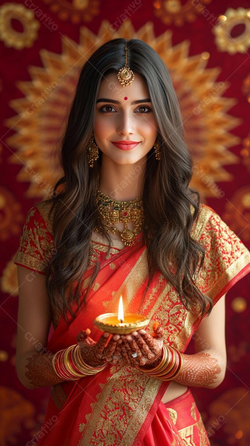 Mulher indiana de sari vermelho dourado segurando diya aceso com sorriso gentil