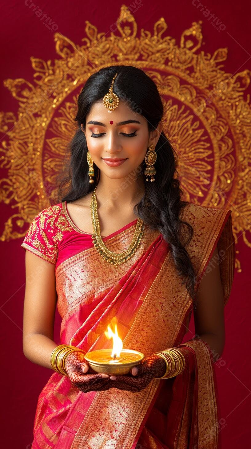 Mulher indiana celebrando Diwali com diya e joias douradas
