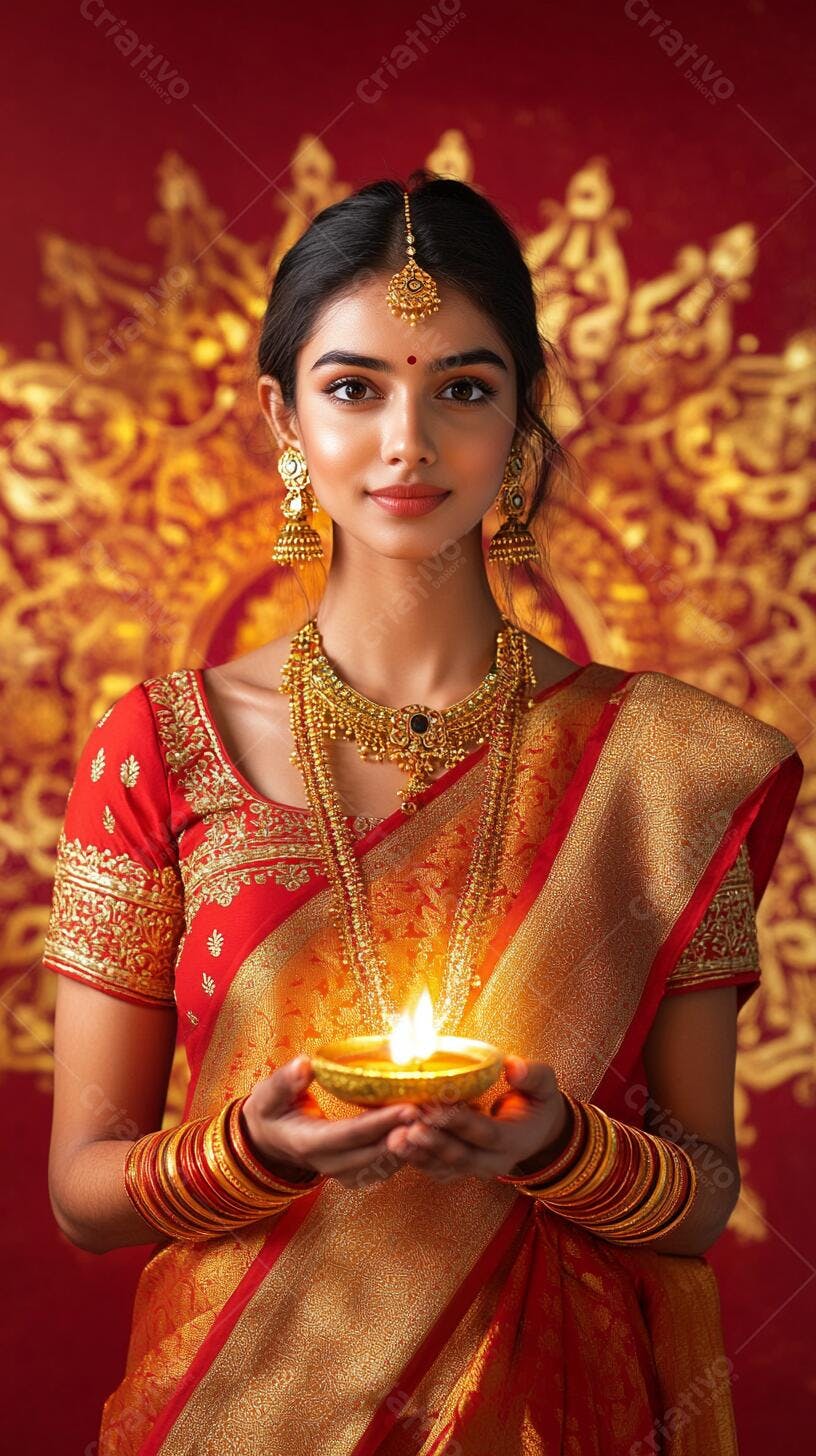 Mulher indiana de sari vermelho e dourado segurando diya para celebrar Diwali