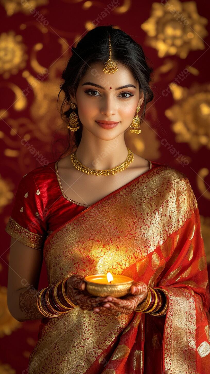 Mulher indiana segurando lâmpada diya em vestido sari vermelho e dourado
