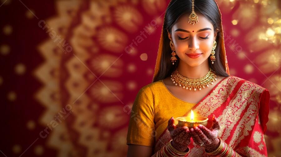 Mulher indiana feliz segurando diya em sari dourado e vermelho para Diwali