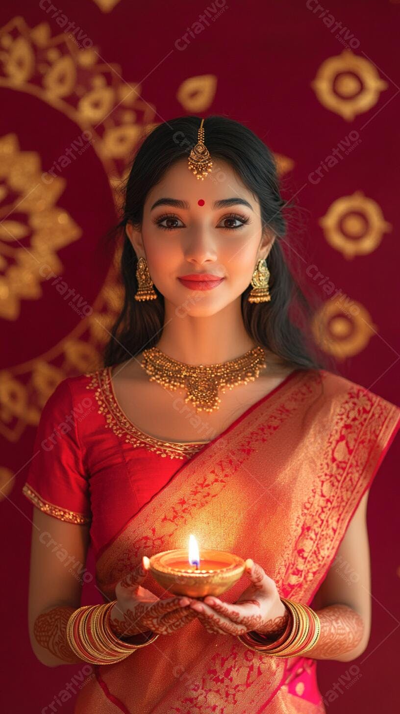 Mulher indiana em trajes tradicionais com diya aceso Diwali celebração