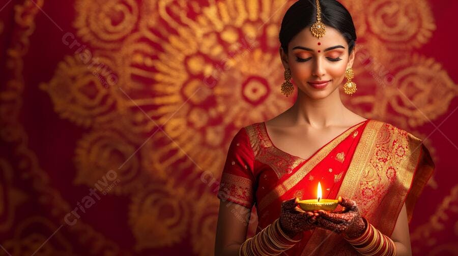 Mulher indiana serena em sari vermelho segurando diya acesa celebrando Diwali