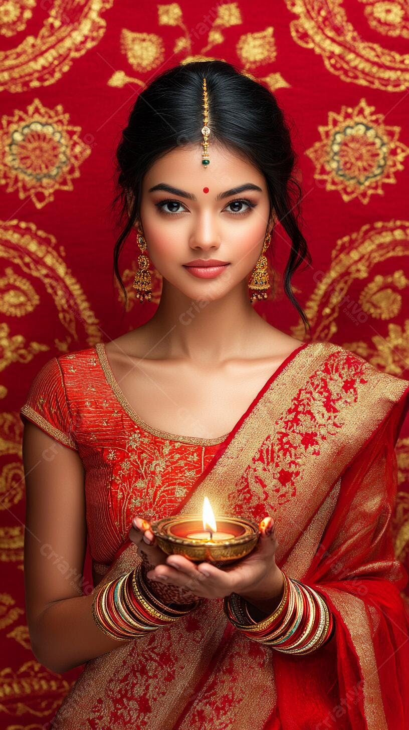 Mulher indiana jovem em sari vermelho dourado segurando diya aceso para Diwali