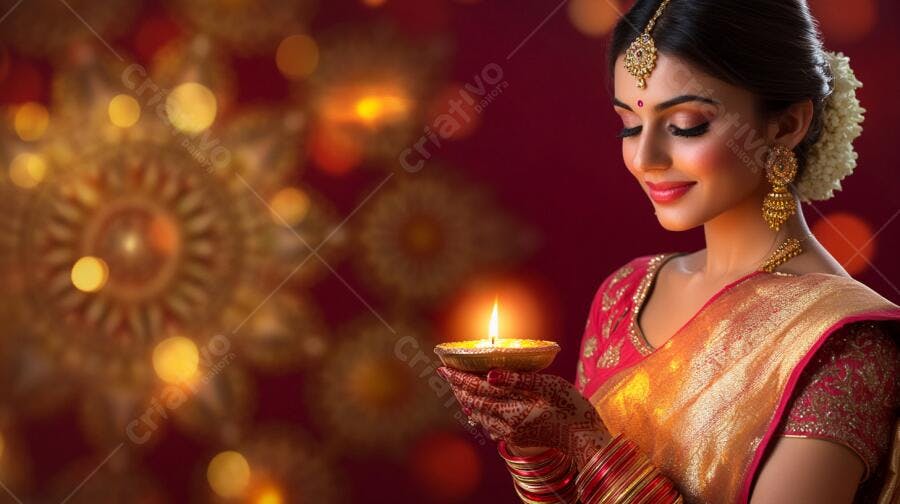 Mulher indiana sorrindo segurando diya em sari dourado celebrando Diwali
