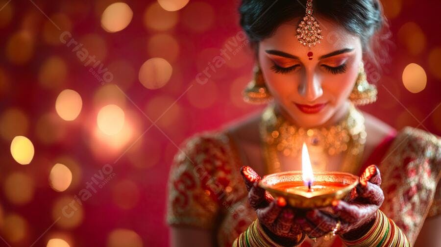 Mulher indiana segurando diya acesa em celebração de Diwali com fundo vermelho