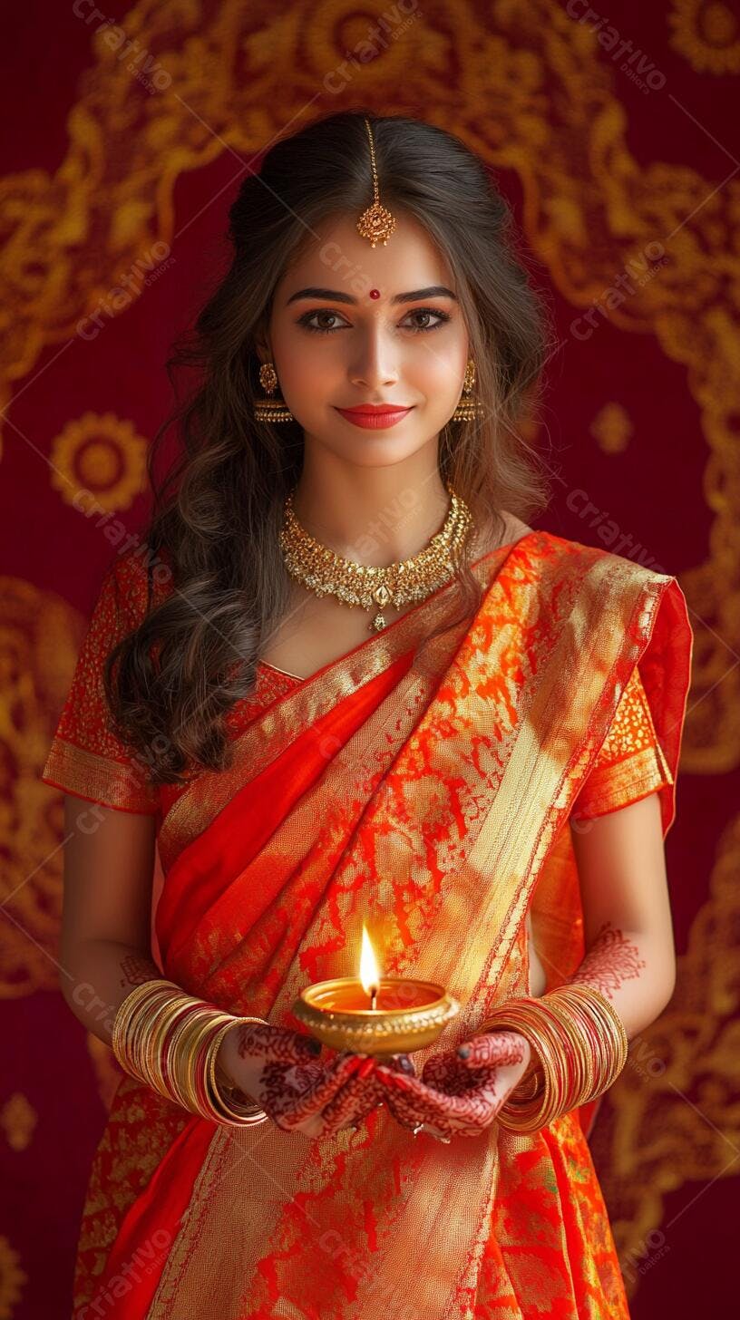 Mulher indiana sorridente com sari dourado e diya acesa para Diwali