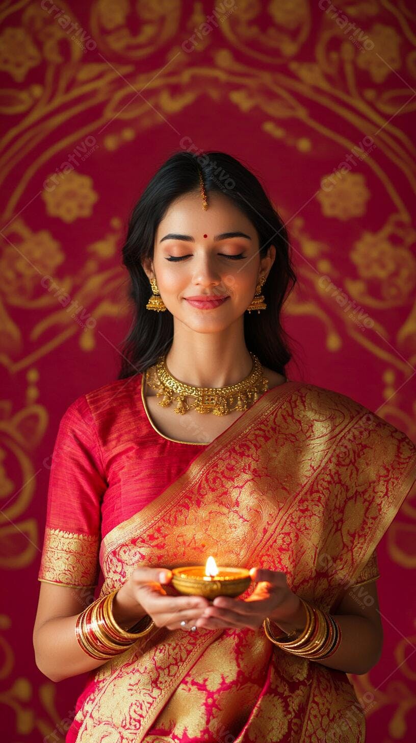 Mulher indiana de saree vermelho ouro segurando diya aceso festa Diwali
