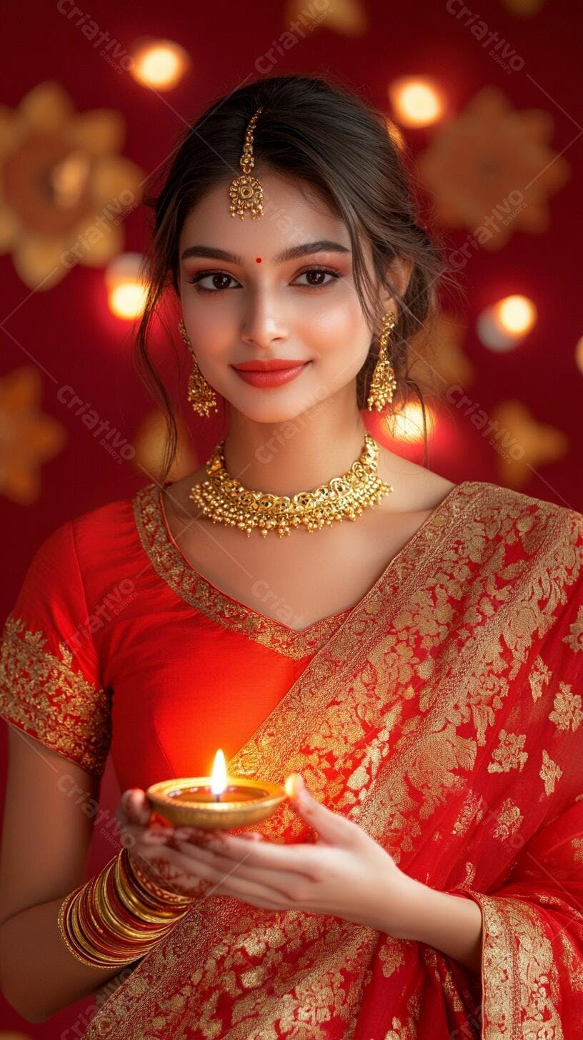 Mulher indiana sorrindo com saree vermelho e joias douradas segurando diya para Diwali