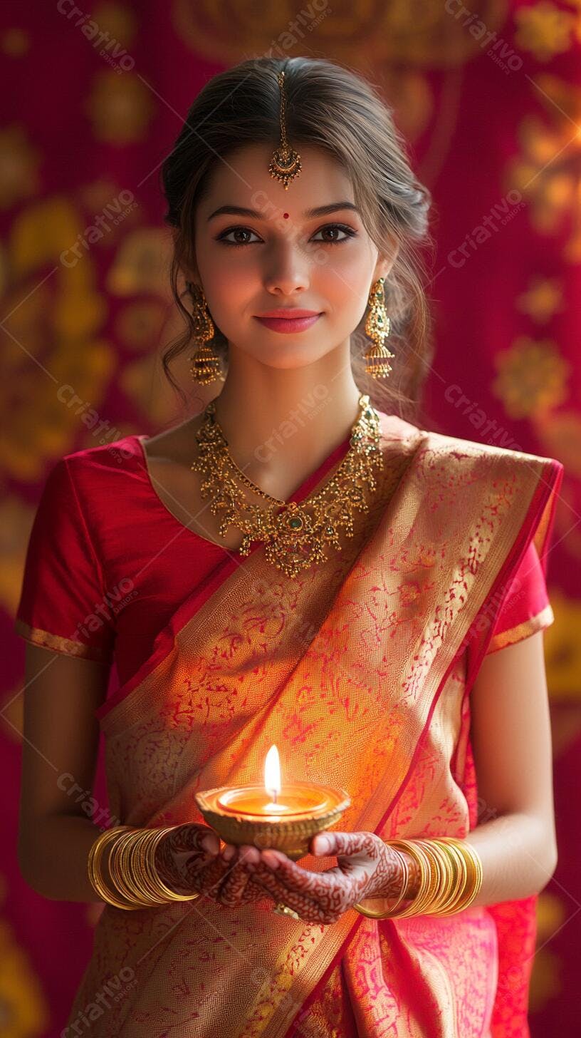 Mulher indiana sorrindo em sari vermelho dourado segurando diya acesa para Diwali