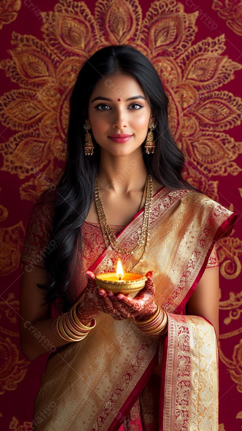 Mulher indiana sorridente em saree vermelho e dourado segura diya em festival Diwali