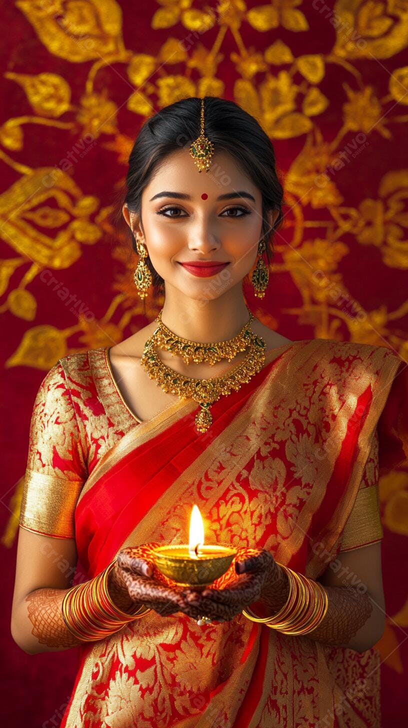 Mulher indiana sorridente segurando diya para celebração Diwali