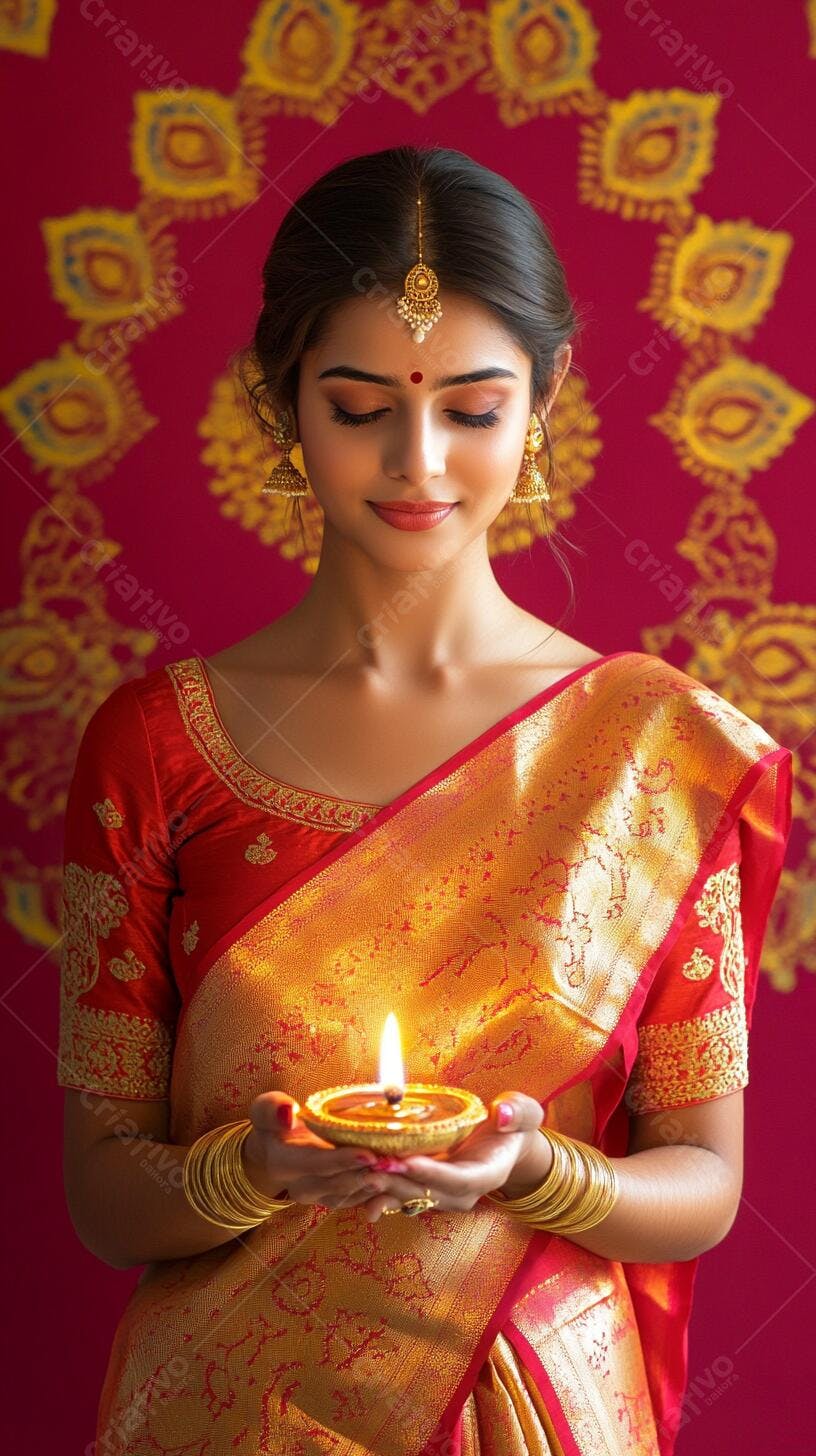 Mulher indiana em sari vermelho e dourado com diya acesa para Diwali
