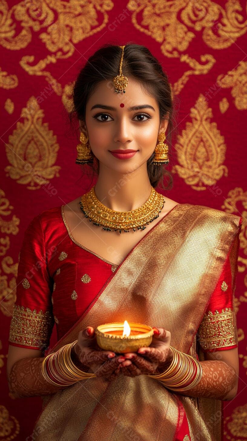 Jovem mulher indiana sorrindo com sari vermelho dourado segurando diya acesa para Diwali