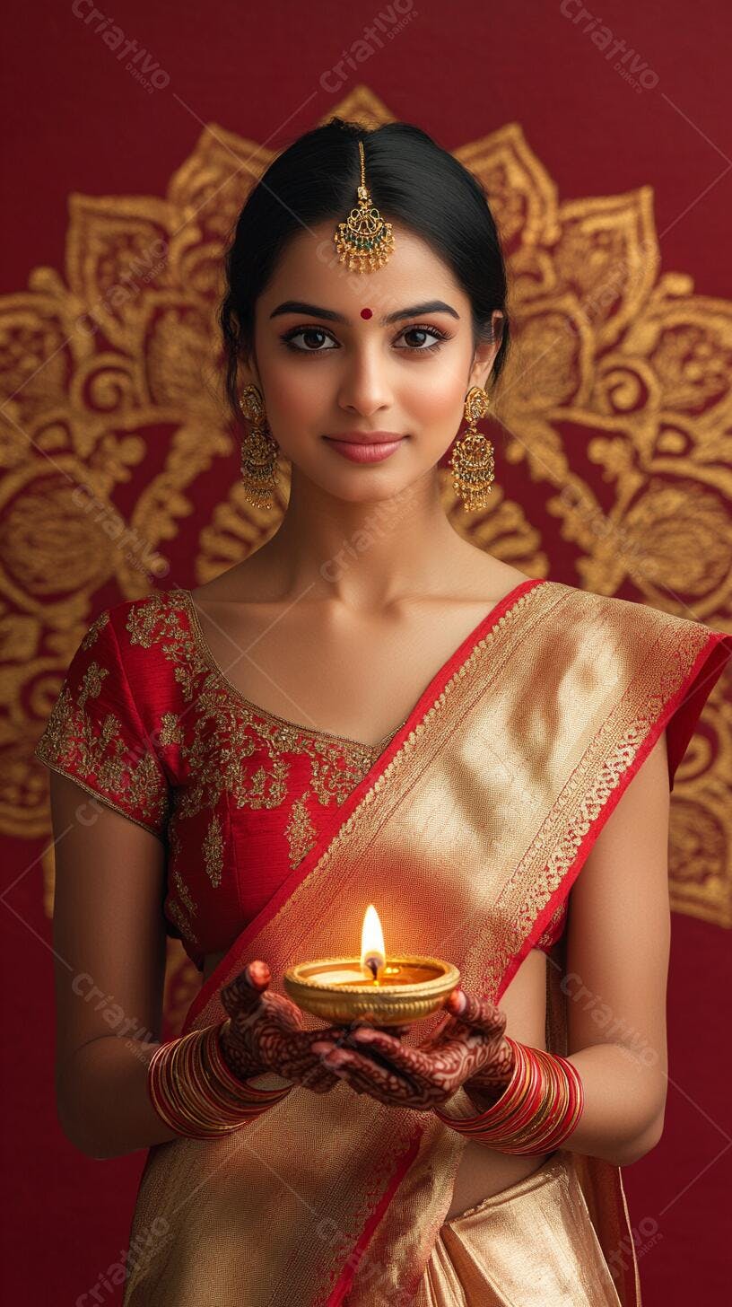 Mulher indiana segurando diya em sari vermelho e dourado para Diwali