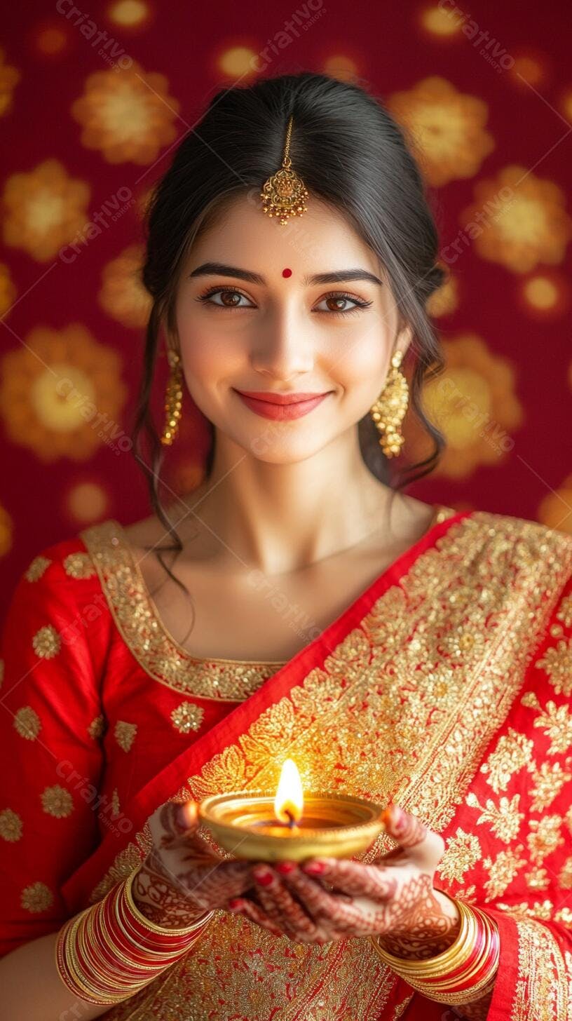 Mulher indiana sorrindo com saree vermelho segura diya aceso em celebração festiva