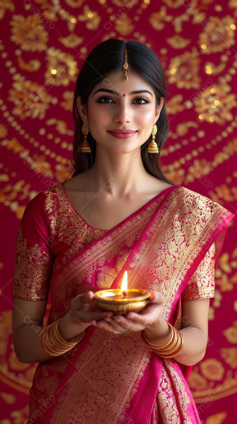 Mulher indiana sorrindo segurando lâmpada diya dourada em saree rosa