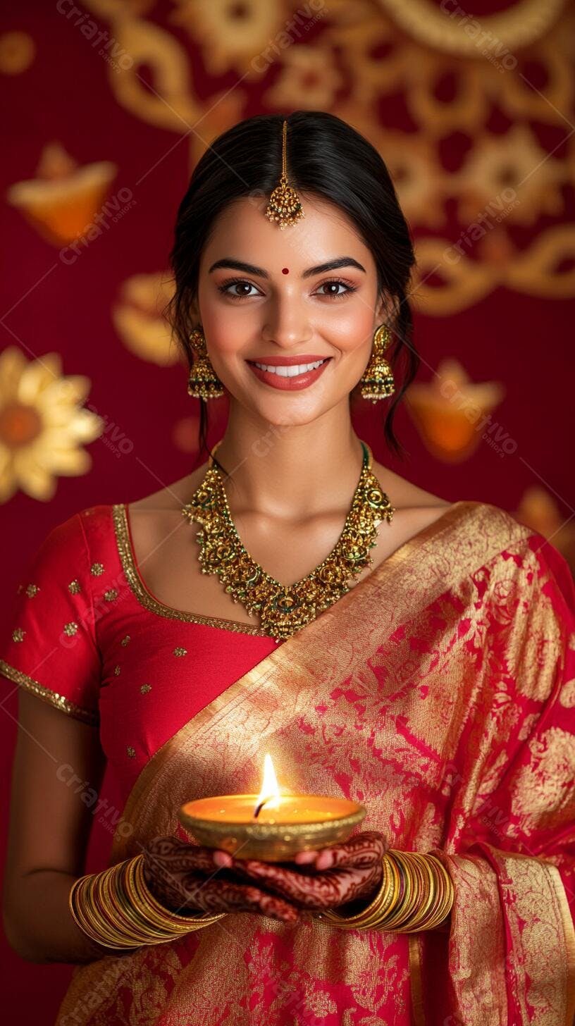 Mulher indiana sorrindo em sari vermelho segurando diya para Diwali