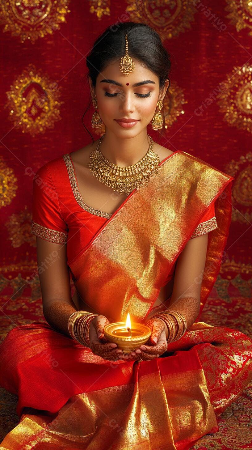 Mulher indiana em saree vermelho dourado segurando diya no Diwali