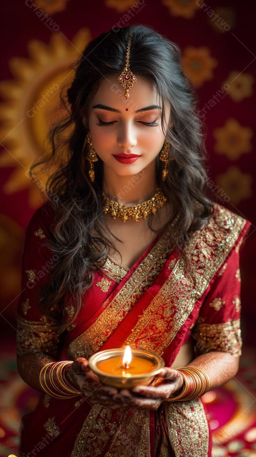 Mulher indiana em sari vermelho com diya aceso celebrando Diwali