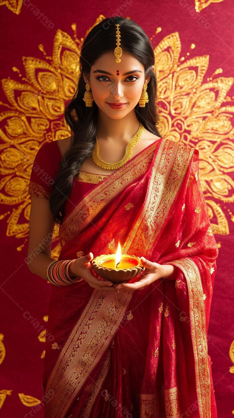 Mulher indiana linda segurando diya em saree vermelho e dourado para Diwali
