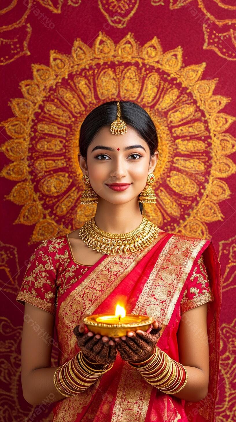 Mulher indiana sorrindo segurando diya dourada para celebração de Diwali
