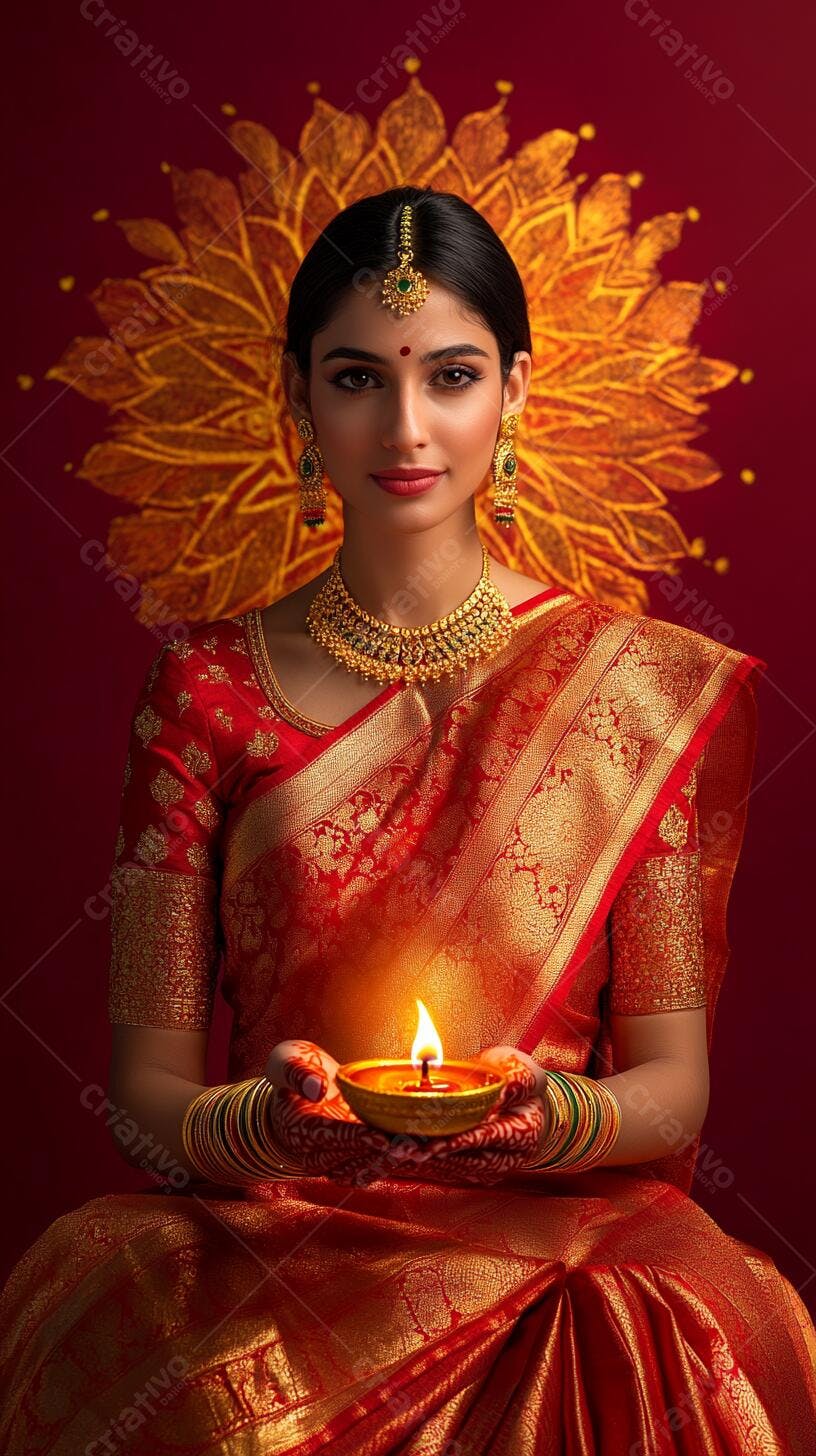 Mulher indiana elegante em saree vermelho ouro segurando diya aceso para festival