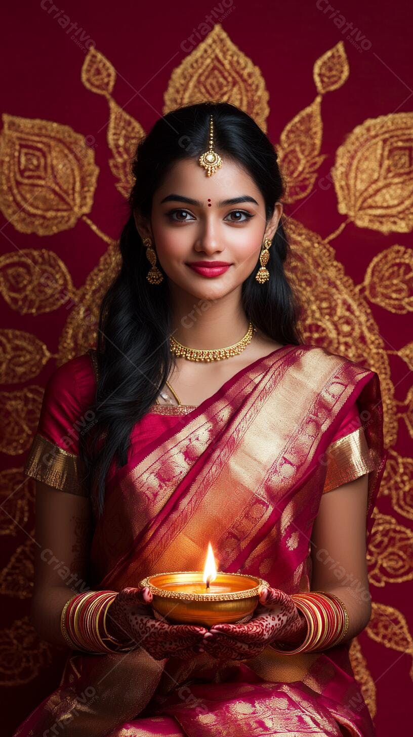 Mulher indiana sorrindo com sari vermelho e diya aceso para Diwali