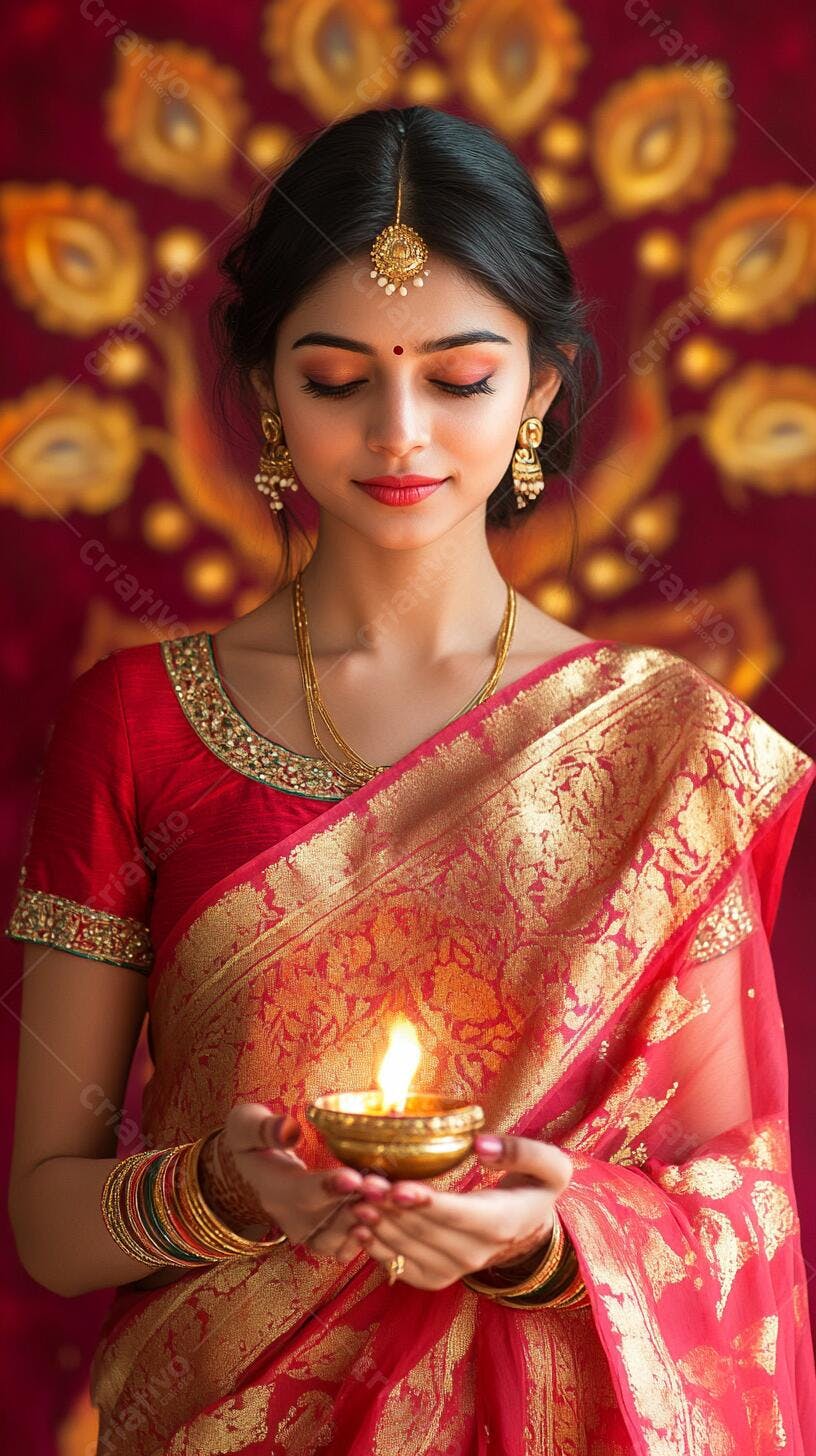 Mulher indiana em saree vermelho e ouro com diya aceso celebração Diwali
