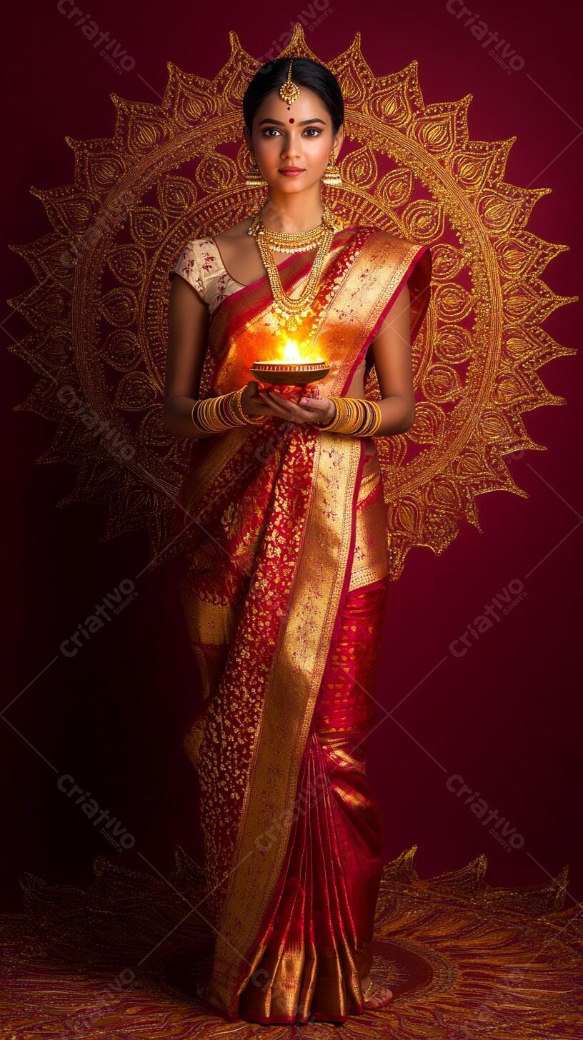 Mulher indiana segurando lâmpada Diya em sari vermelho e dourado com mandala