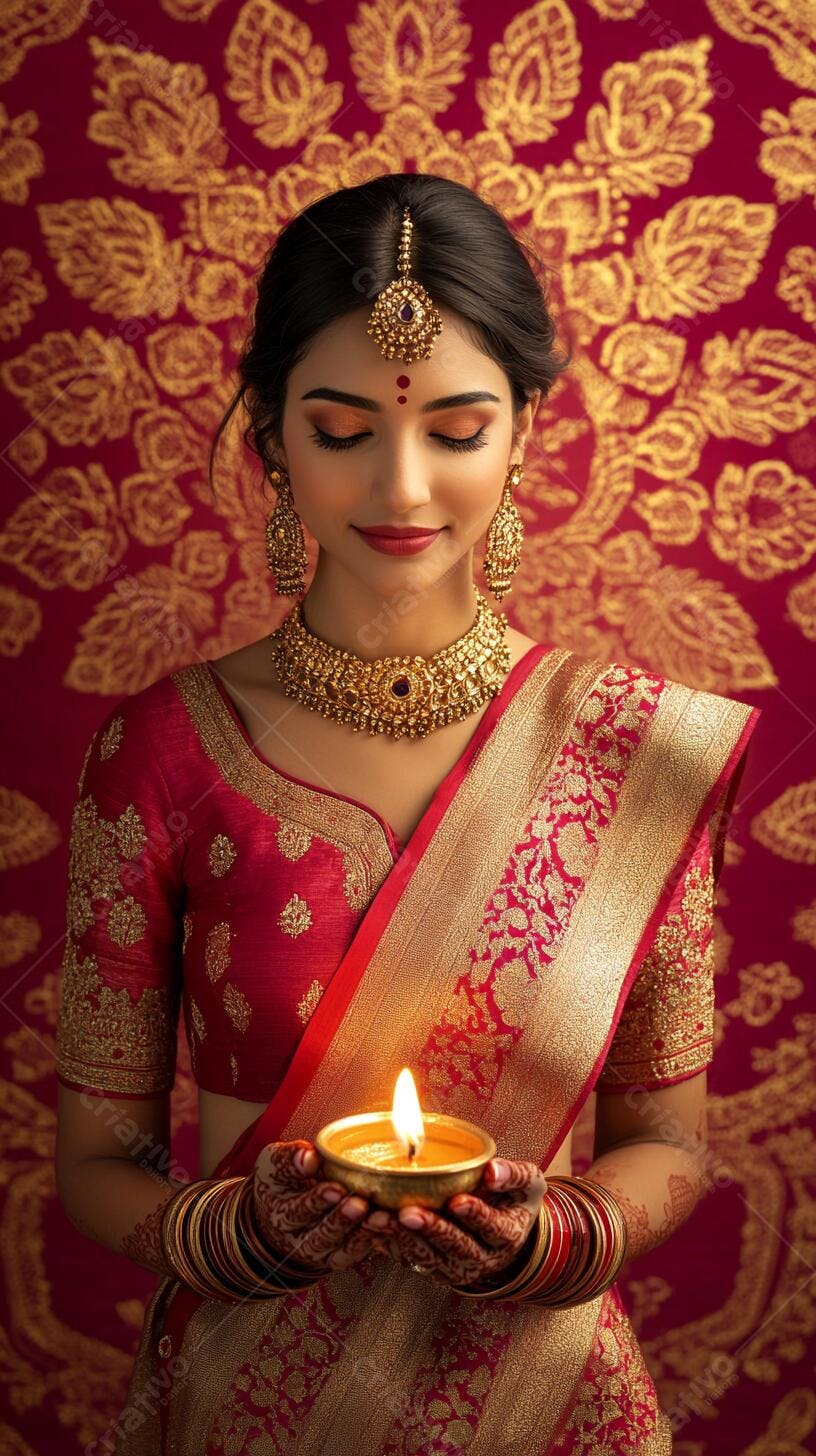 Mulher indiana segurando diya acesa em saree vermelho e dourado celebração Diwali