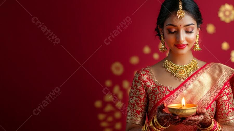 Mulher indiana segurando diya aceso em celebração Diwali vermelho e dourado