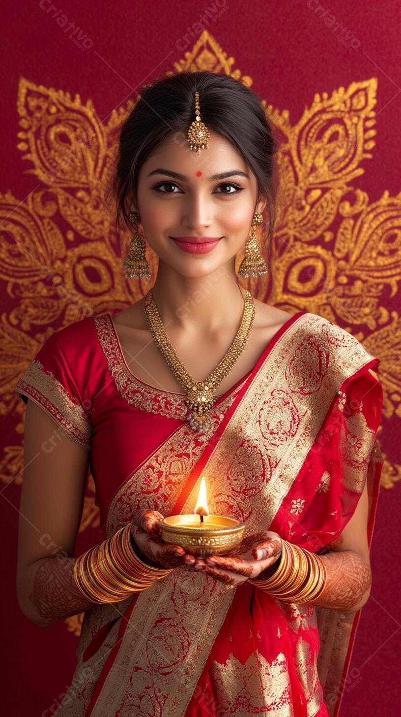 Mulher indiana sorridente segurando diya para festival Diwali