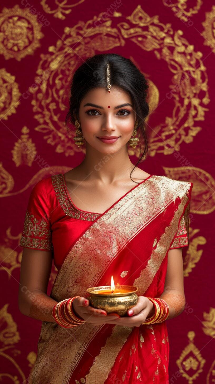 Mulher indiana sorrindo com sari vermelho dourado segurando diya acesa para Diwali