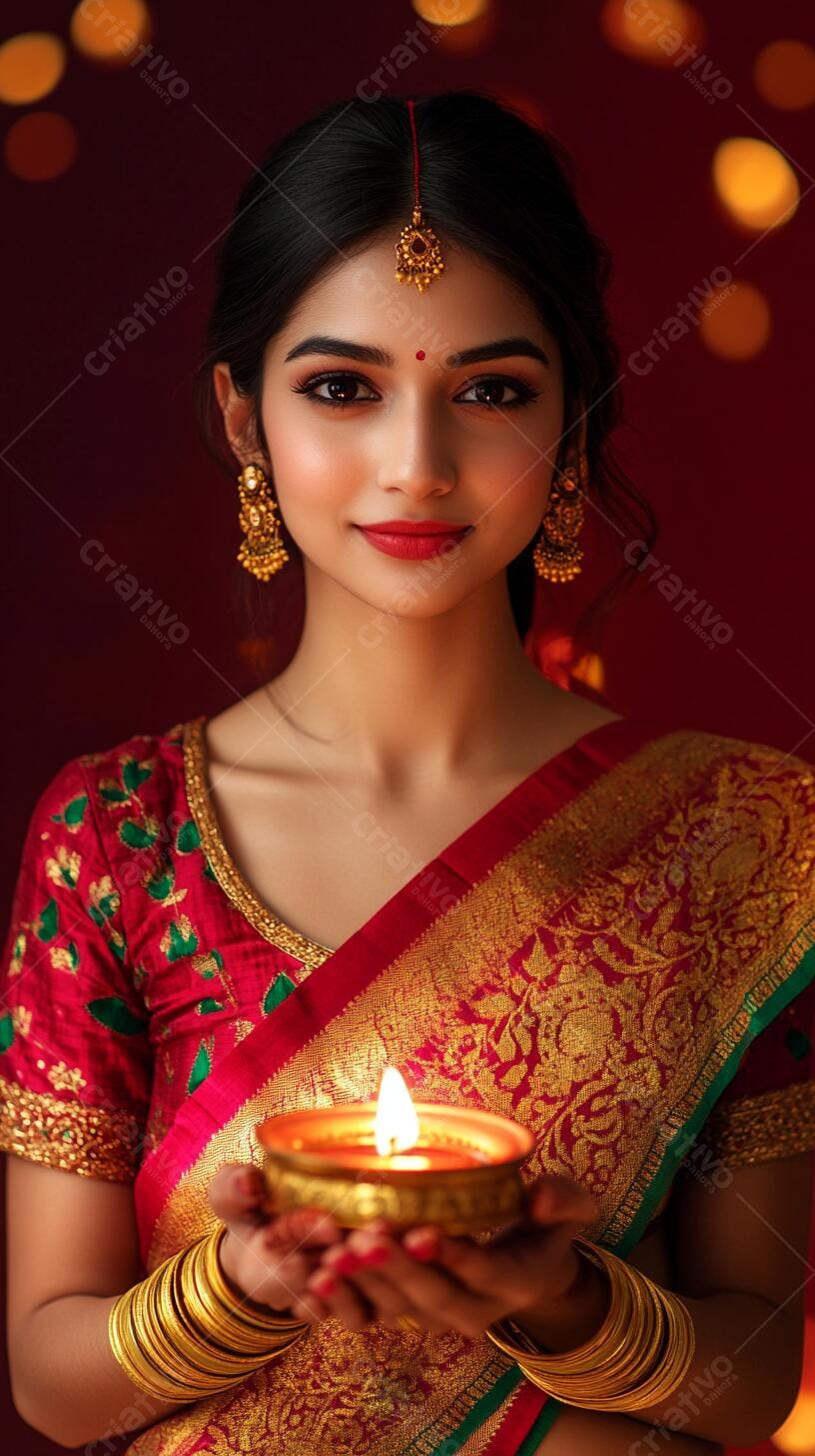Mulher indiana de sari vermelho dourado segurando diya aceso para Diwali