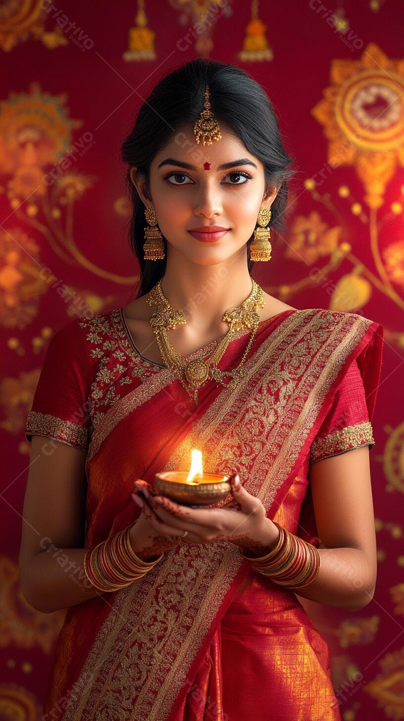 Mulher indiana em saree vermelho dourado segurando diya aceso para Diwali