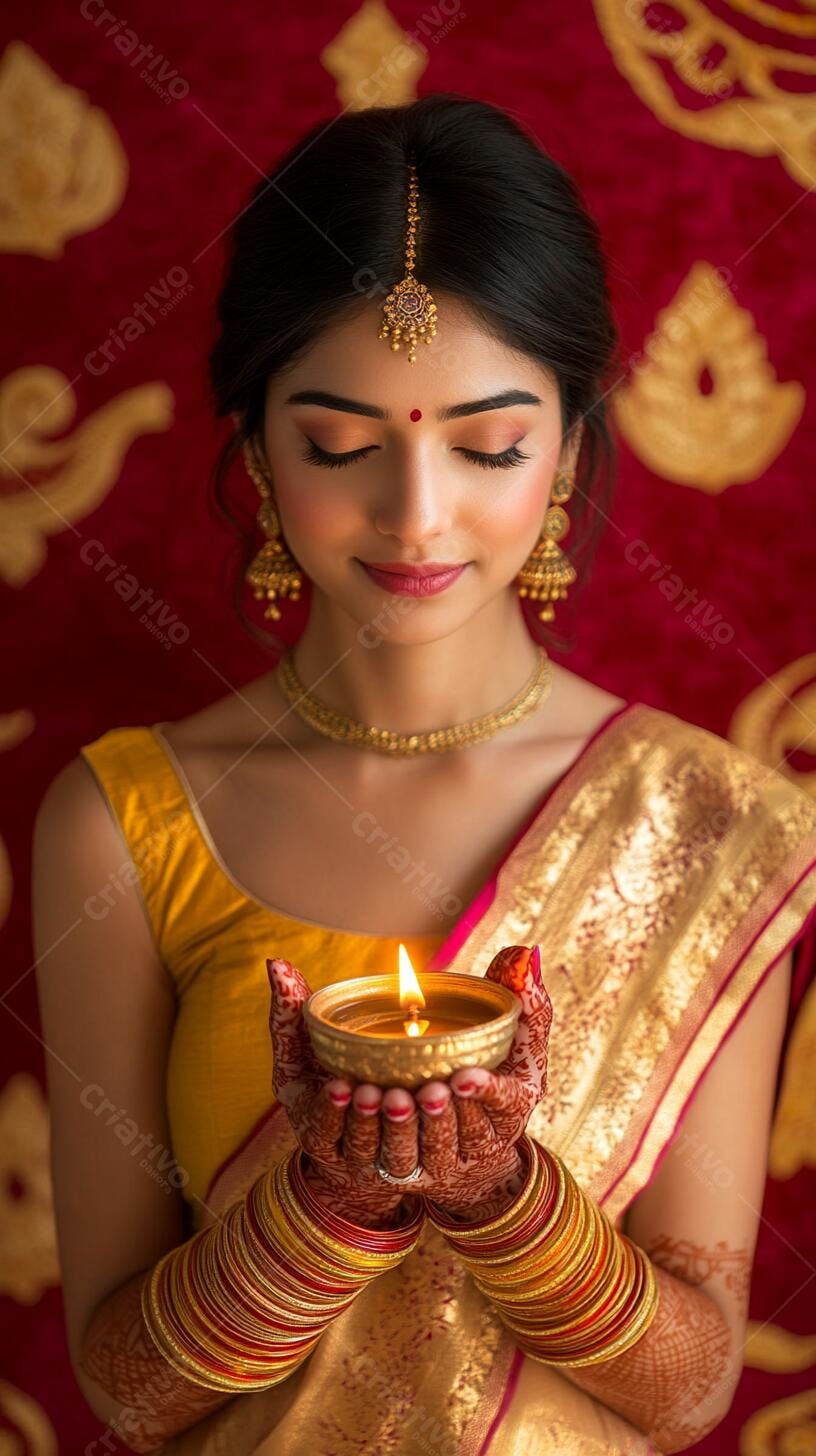 Mulher indiana jovem com saree amarelo e dourado segurando diya para Diwali