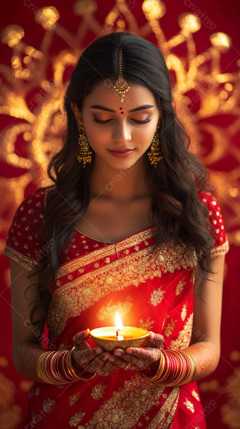 Mulher indiana de sari vermelho e dourado segurando diya aceso em festa Diwali