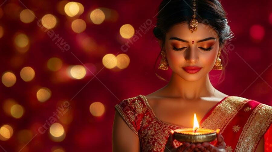 Mulher indiana com olhos fechados segurando diya em celebração Diwali festiva vermelha