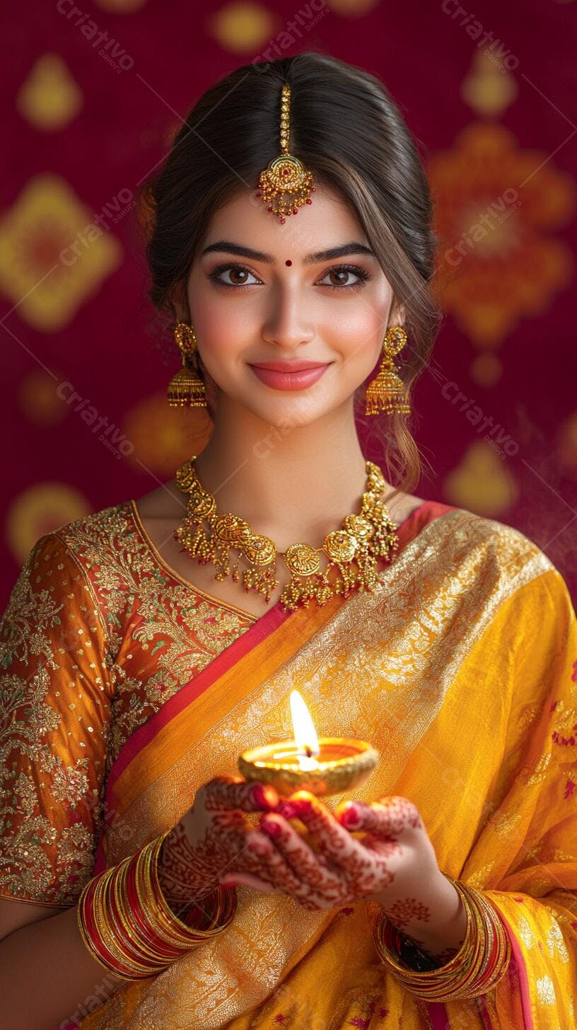 Mulher indiana sorrindo com saree dourado e joias segurando diya aceso para Diwali