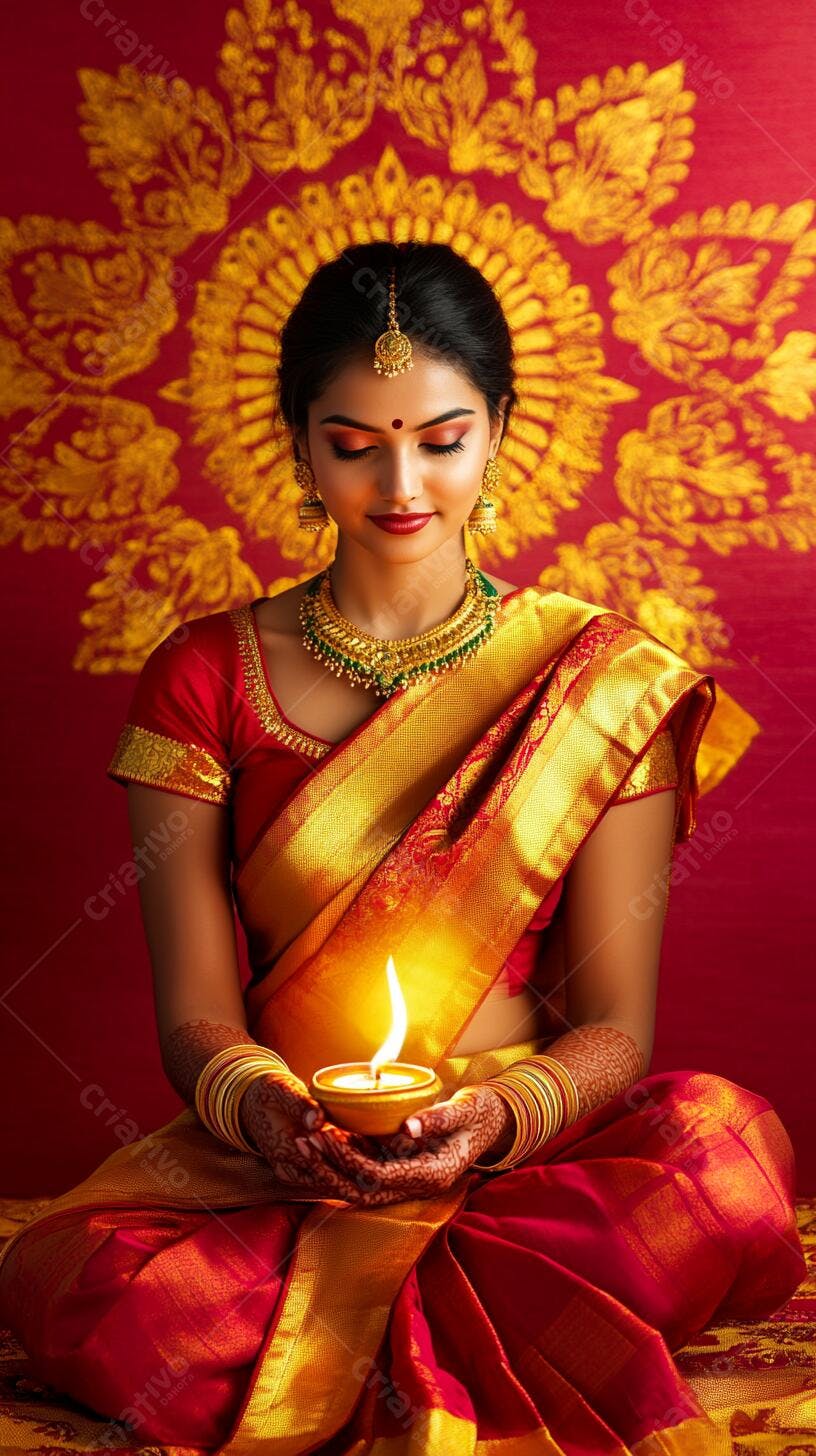 Mulher indiana celebrando Diwali com diya e saree vermelho dourado