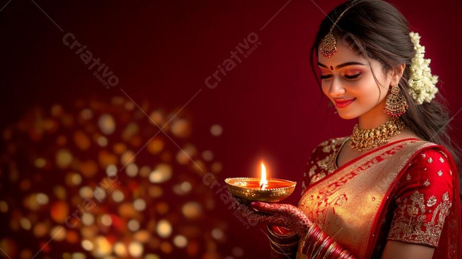 Mulher indiana de sari vermelho dourado segurando diya acesa em celebração Diwali com fundo bokeh