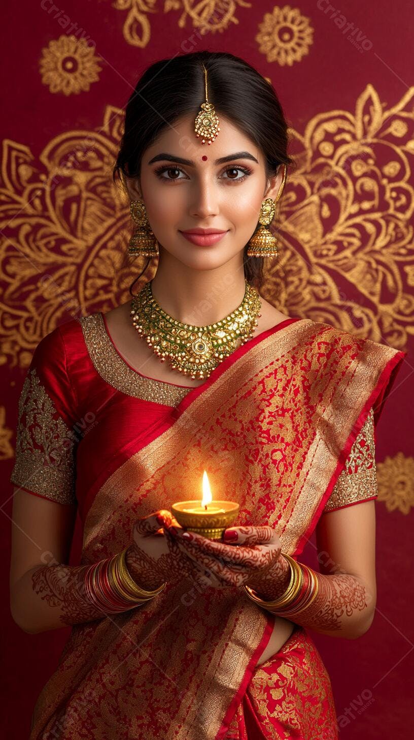 Mulher indiana sorrindo em saree vermelho segurando diya aceso para Diwali