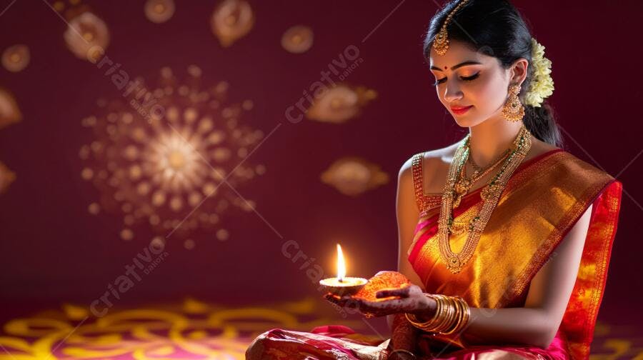 Mulher indiana segurando diya acesa celebrando Diwali em saree vermelho e dourado