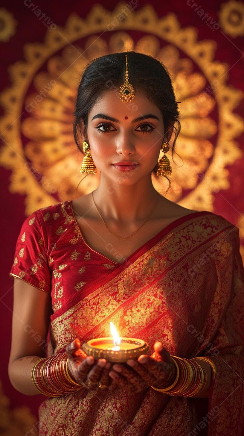 Mulher indiana jovem em saree vermelho segurando diya aceso Diwali