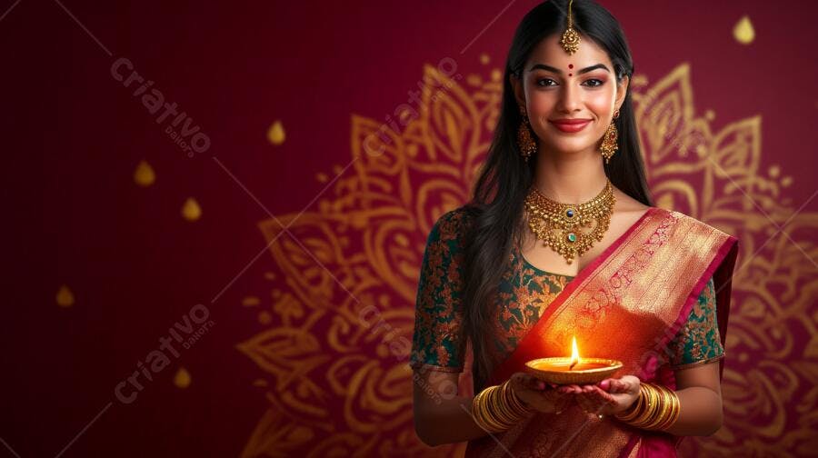 Mulher indiana sorrindo com diya aceso para Diwali