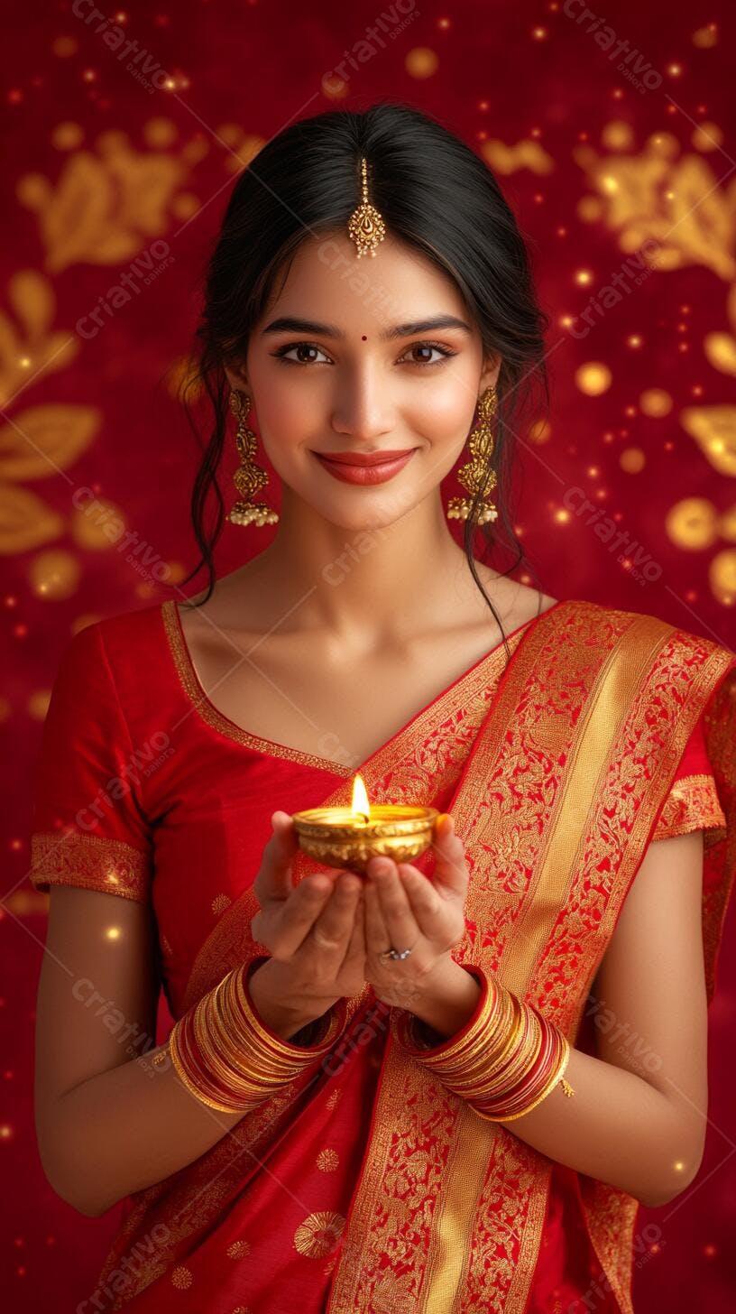 Mulher indiana sorridente com sári vermelho segura lâmpada Diya para Diwali