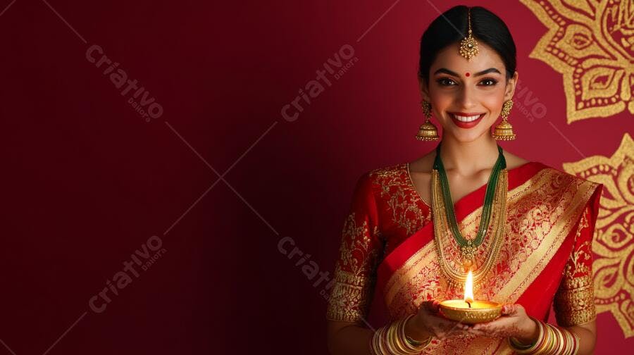 Mulher indiana sorrindo com diya em sari vermelho e dourado celebração Diwali